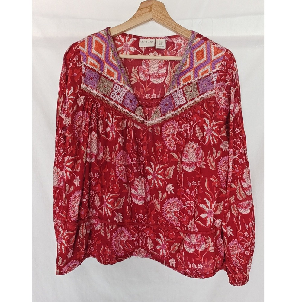 Rachel Zoe Blouse Women Medium Red‎ Floral Embroidered V-Neck Cotton Peasant Top